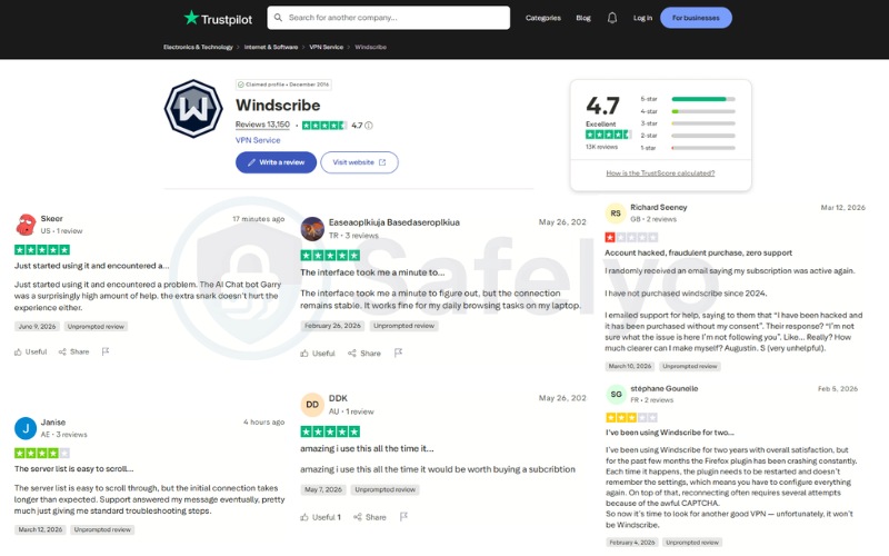 What users say about Windscribe VPN on Trustpilot (updated in June, 2026)