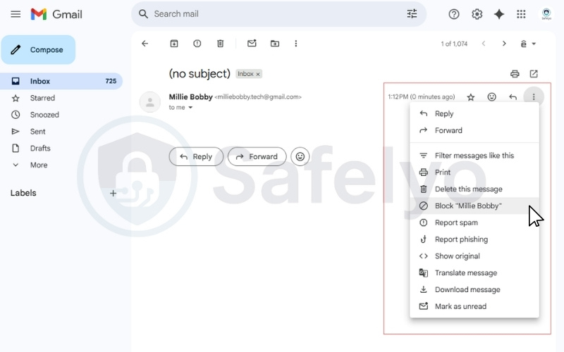 Where to find the block option in an email