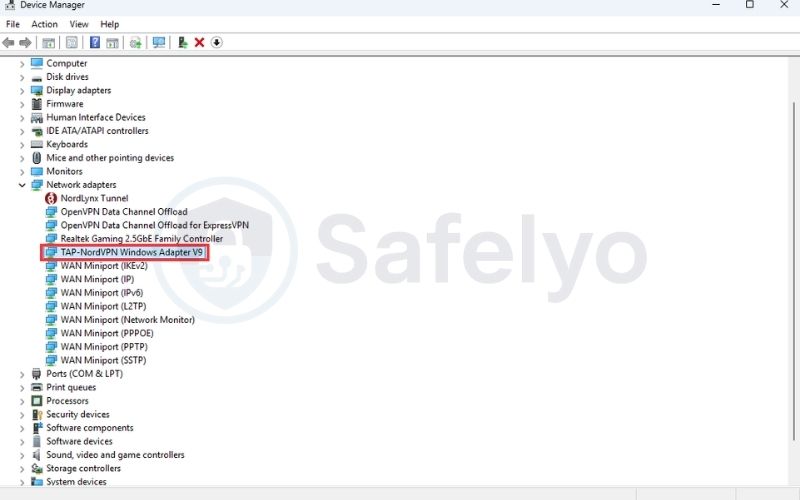 Windows device manager showing the TAP NordVPN adapter