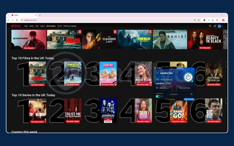 Windscribe successfully unblocking Netflix UK