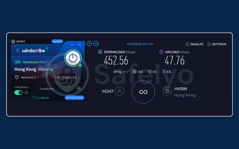 Windscribe speed test results on Hong Kong free server