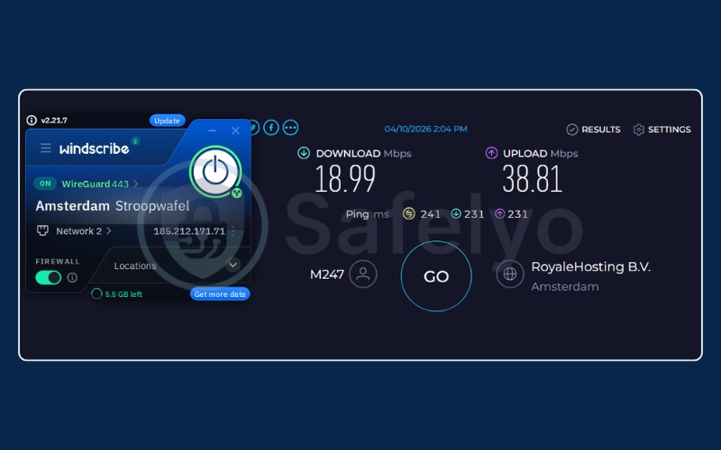 Windscribe speed test results on Netherlands free server