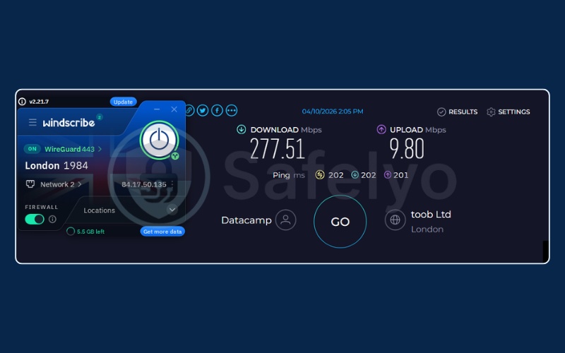 Windscribe speed test results on UK free server