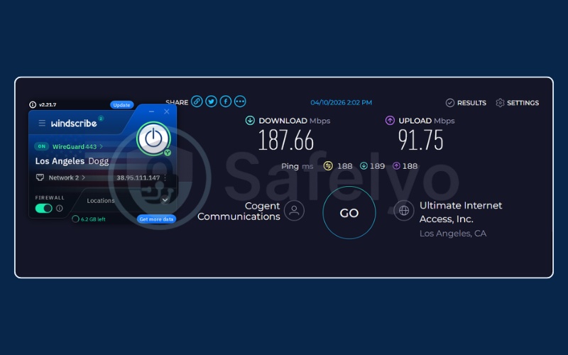 Windscribe speed test results on US free server