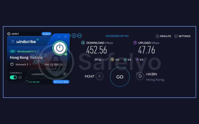 Speed test results for Windscribe on HongKong server