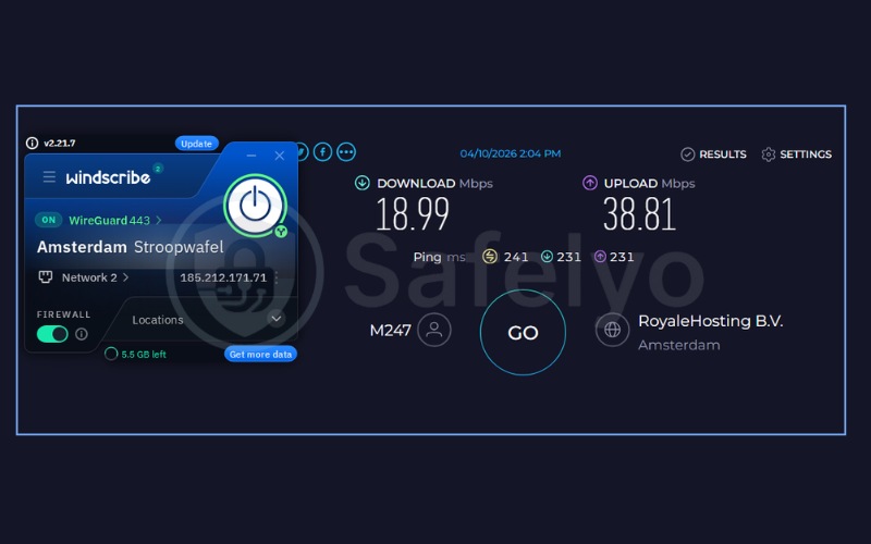 Speed test results for Windscribe on Netherlands server 