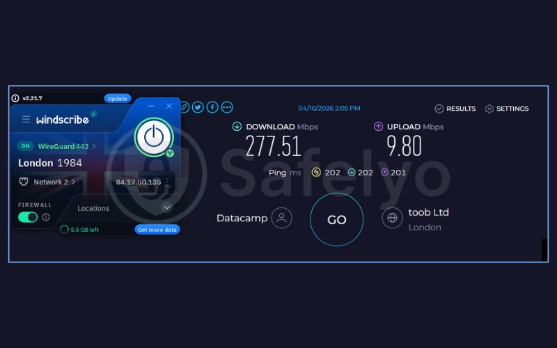 Speed test results for Windscribe on UK server