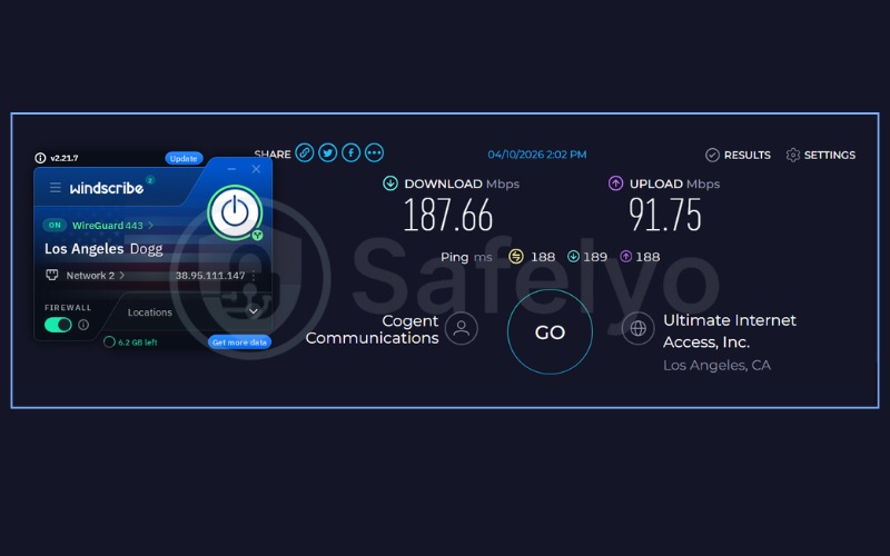Speed test results for Windscribe on US server