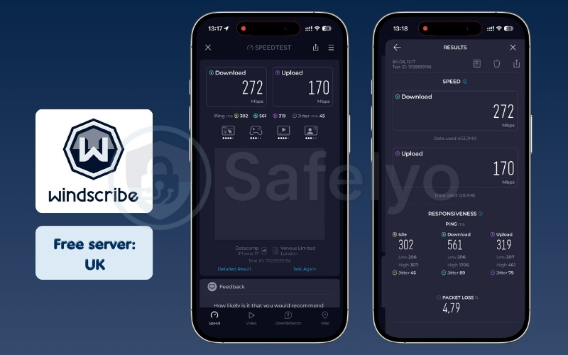 Windscribe mobile speed test results on UK free server