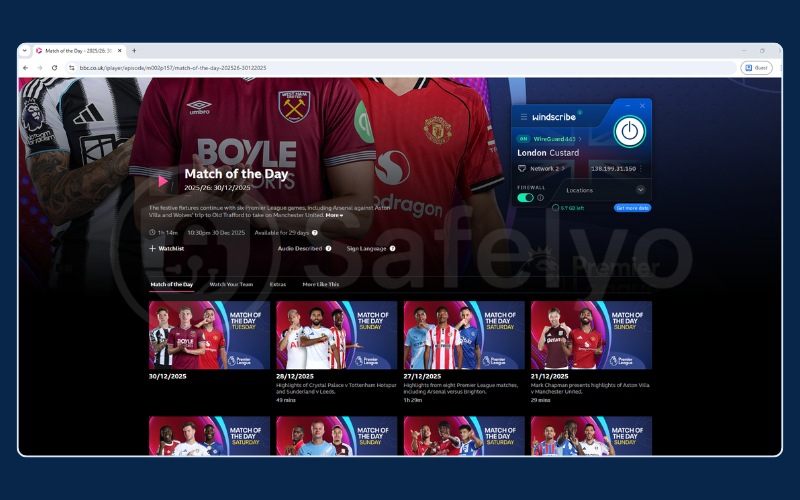 Windscribe VPN successfully unblocking BBC iPlayer