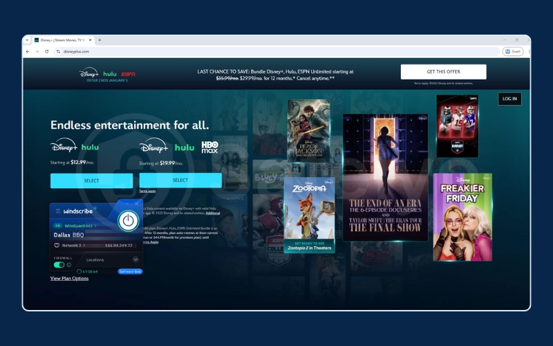 Windscribe VPN successfully unblocking Hulu/Disney+