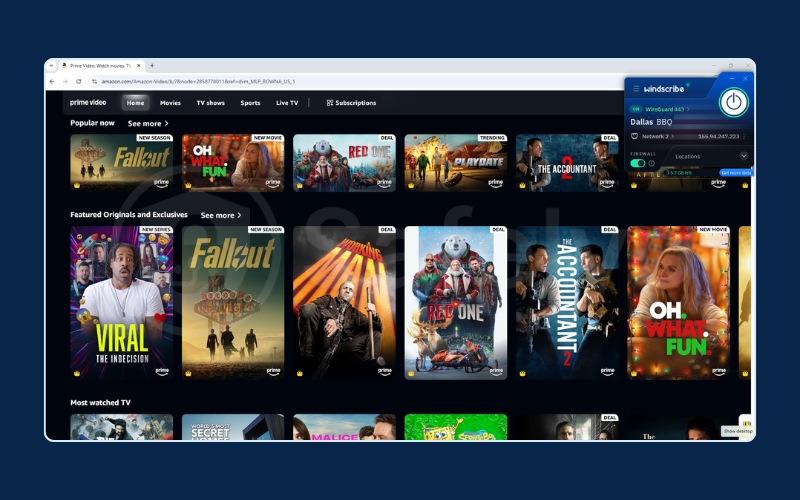 Windscribe VPN successfully unblocking Prime Video