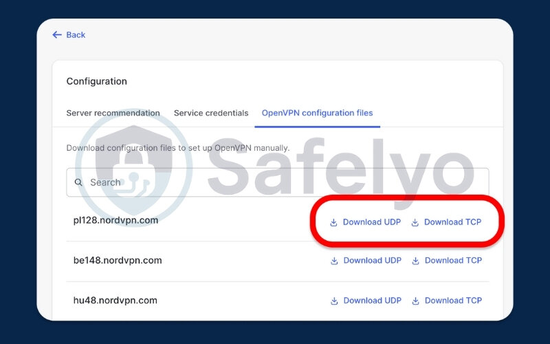You can download the UDP or TCP configuration files, optionally